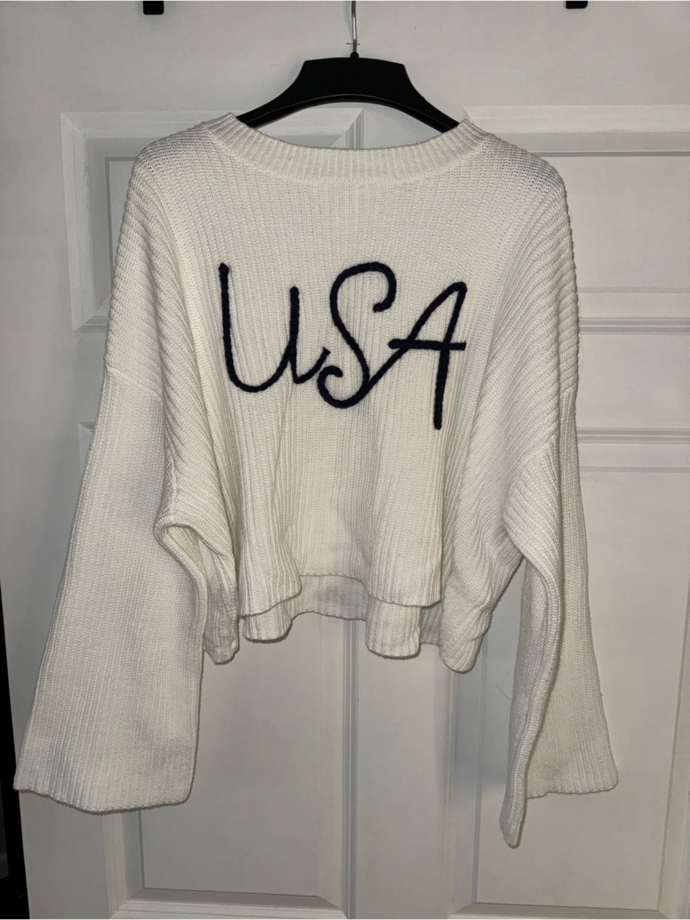 moon & madison White Crewneck Sweater with Navy "USA"